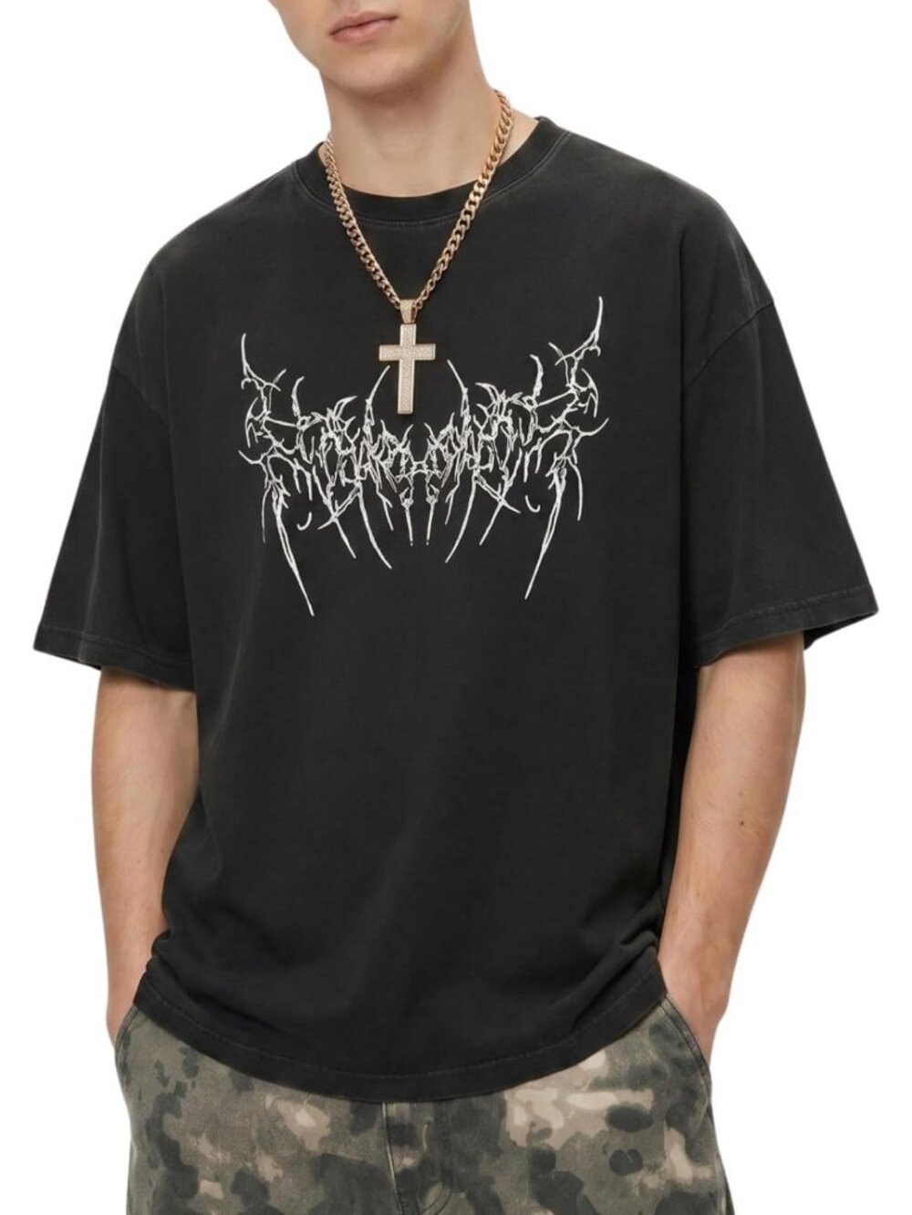 Gothic Graphic Print Short Sleeve T-Shirt in Washed Black for Men - Trendy Style